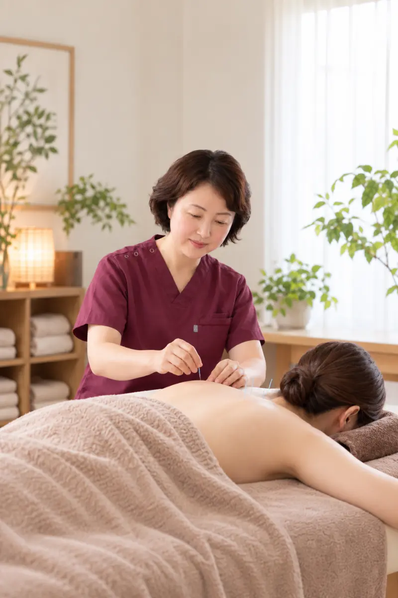 女性患者の背中に鍼を行う軸整スタンダードの施術イメージ